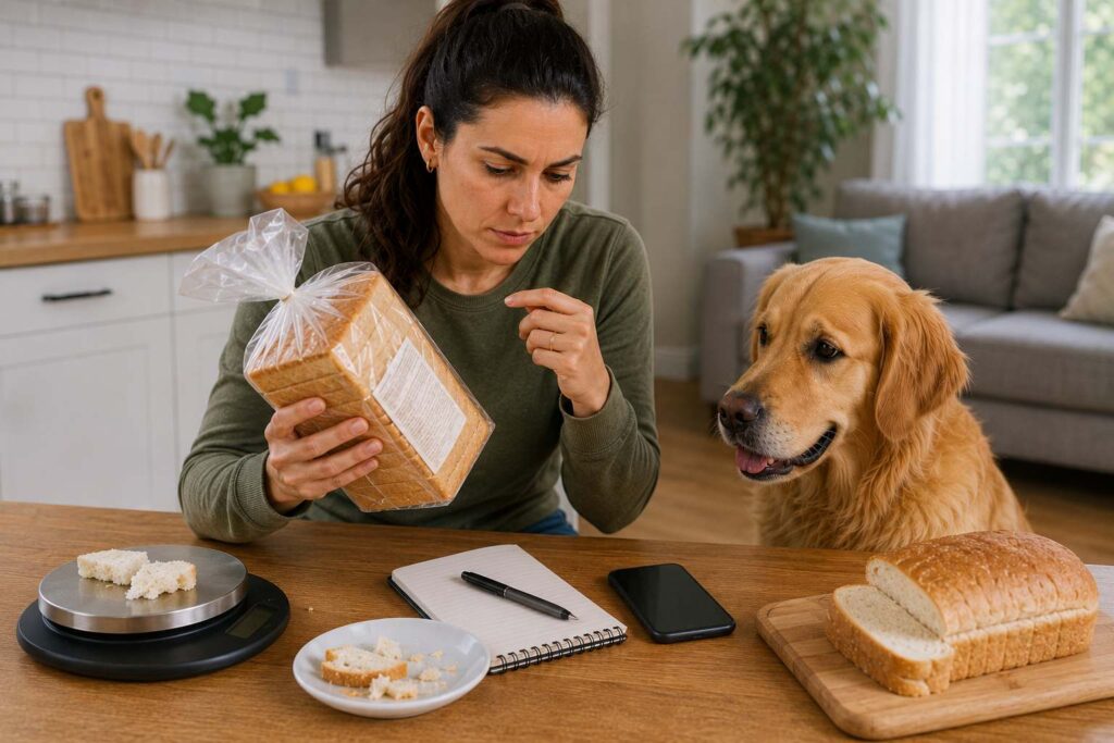 Dog owner checking bread packaging and ingredients after their dog accidentally ate bread
