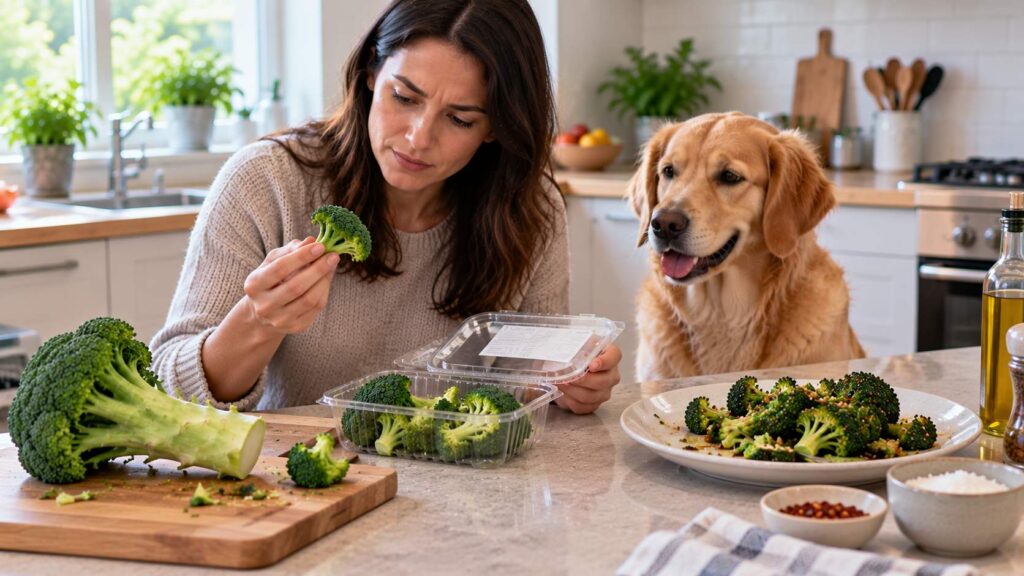 Dog owner checking leftover broccoli and ingredients after their dog may have eaten some