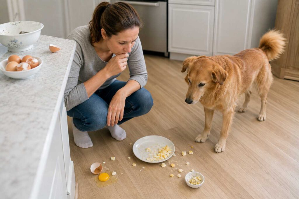 Dog owner checking the type, ingredients, and amount of egg their dog has eaten