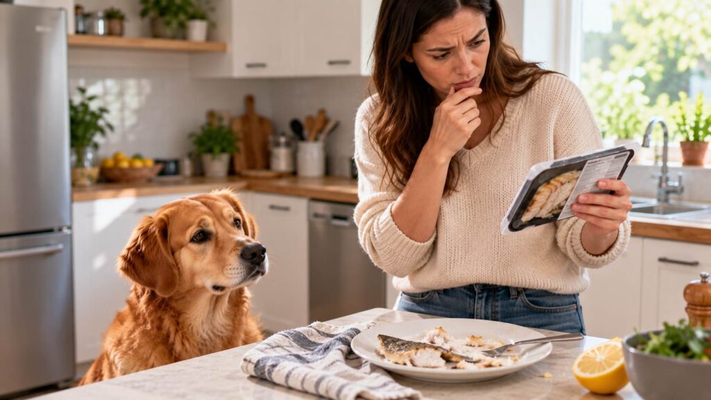 Dog owner checking food packaging after their dog accidentally ate fish