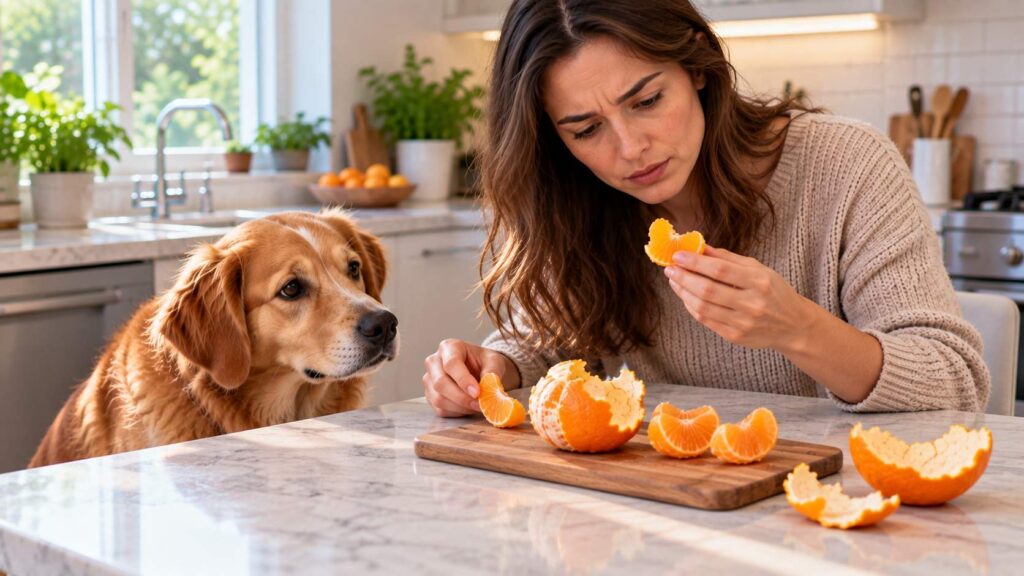 Owner checking a partially eaten orange and remaining peel while monitoring their dog.