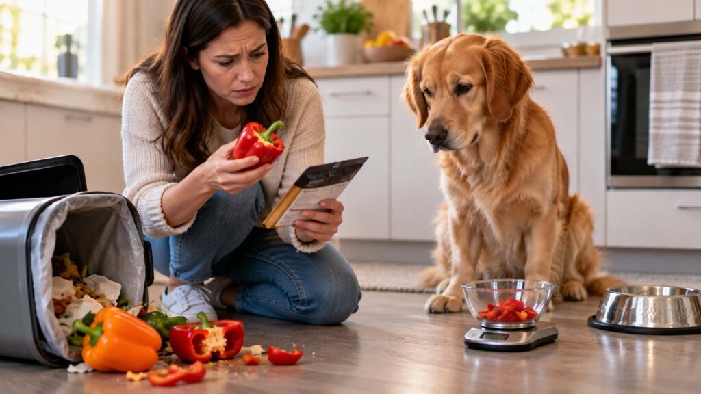 Owner checking a partly eaten pepper and food ingredients after a dog ate some