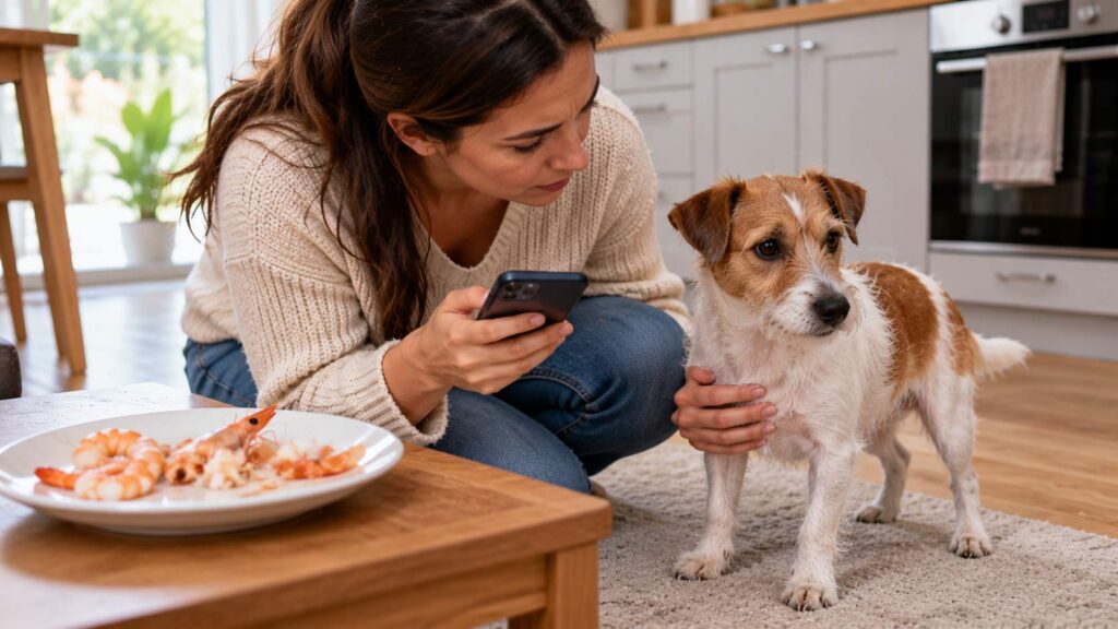 Concerned dog owner checking a small terrier after it accidentally ate prawns from a plate.