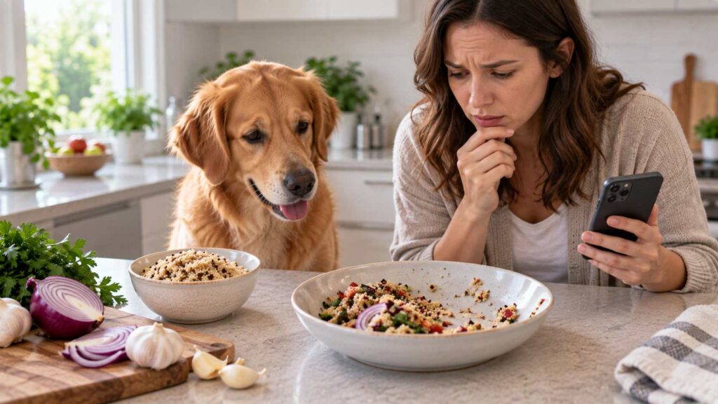 Owner checking ingredients after a dog accidentally ate a quinoa dish