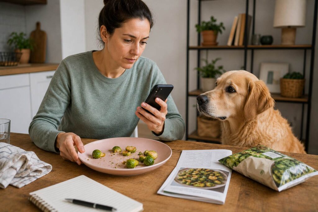 Owner checking ingredients and amount eaten after a dog accidentally eats Brussels sprouts