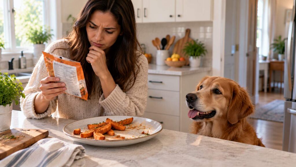 Dog owner checking ingredients after dog ate prepared sweet potato