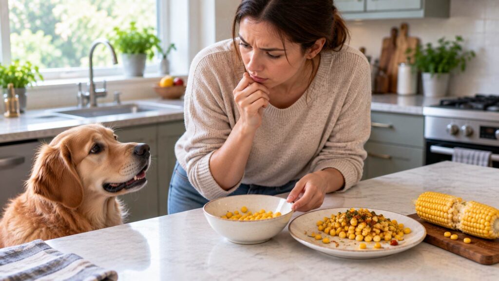 Concerned owner checking sweetcorn and a partially eaten corn cob after a dog may have eaten some
