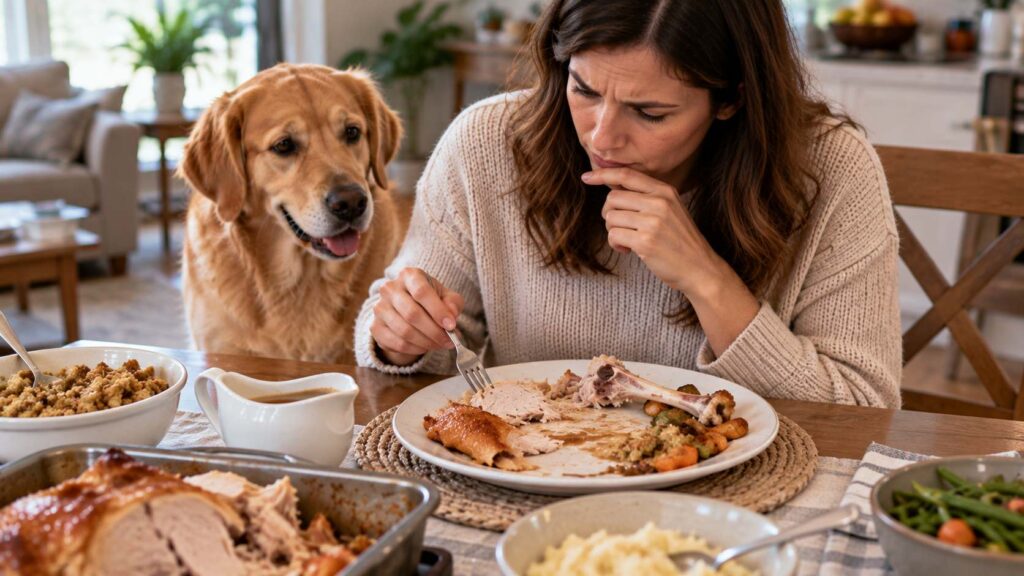 Owner checking a partially eaten turkey dinner after dog steals food from the plate