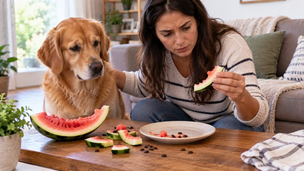 Dog owner checking a partially eaten watermelon, missing rind and scattered seeds after accidental ingestion