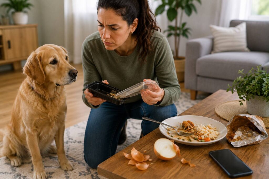 Dog owner checking a partly eaten onion-containing meal before contacting a veterinarian.