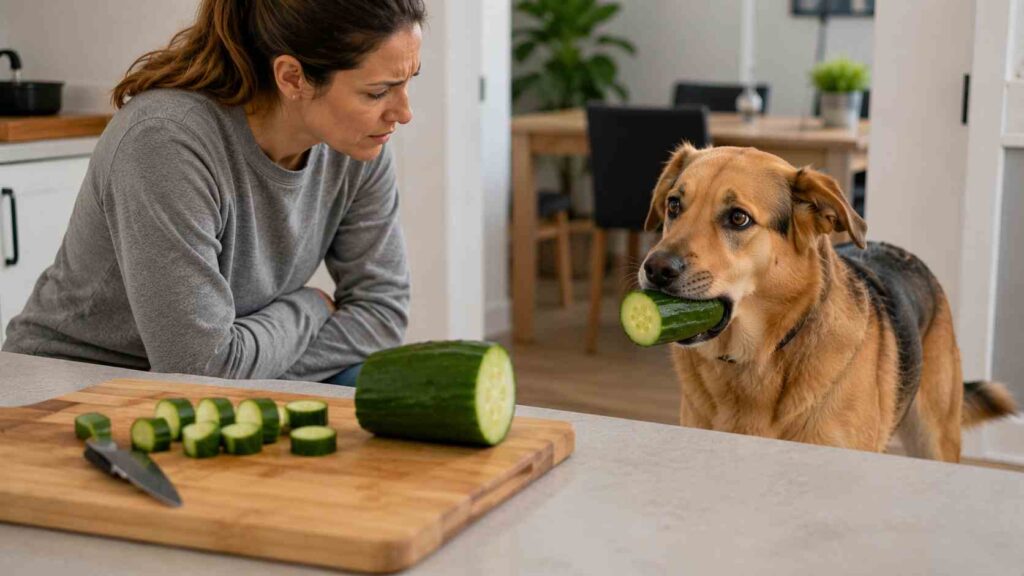 Dog owner monitoring a dog after it swallowed a large chunk of cucumber.