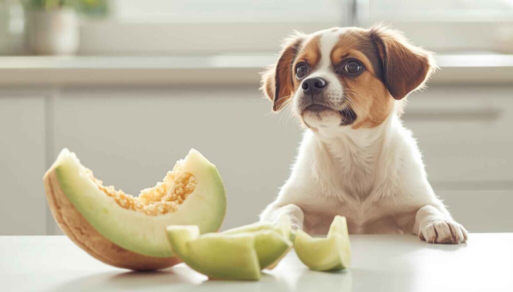 Can dog eat honeydew melon – dog sitting with fresh honeydew slices on table