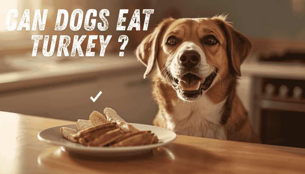 Happy dog sitting near cooked turkey slices on a kitchen table