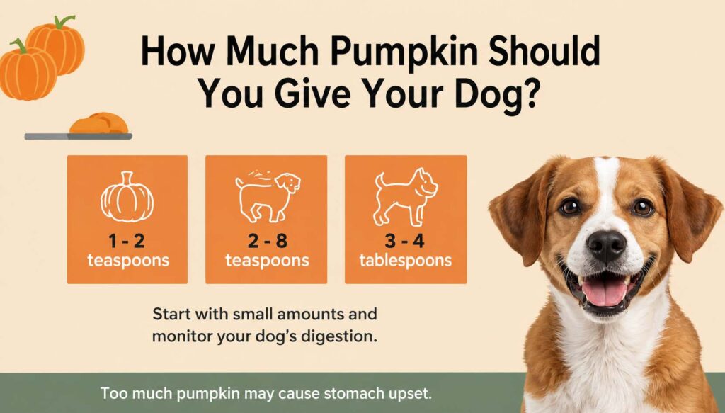 Dog beside pumpkin puree with portion guide for small, medium, and large dogs explaining safe pumpkin serving sizes.