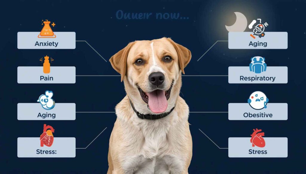 Educational infographic showing common causes of nighttime panting in dogs including heat anxiety pain and health issues