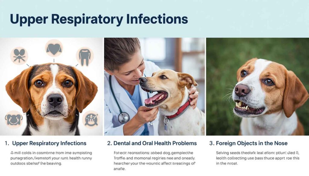 Veterinary infographic showing upper respiratory infections dental problems and foreign objects in the nose as causes of dog snoring
