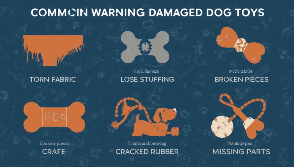 Educational infographic showing damaged dog toys with tears cracks frayed ropes and missing pieces