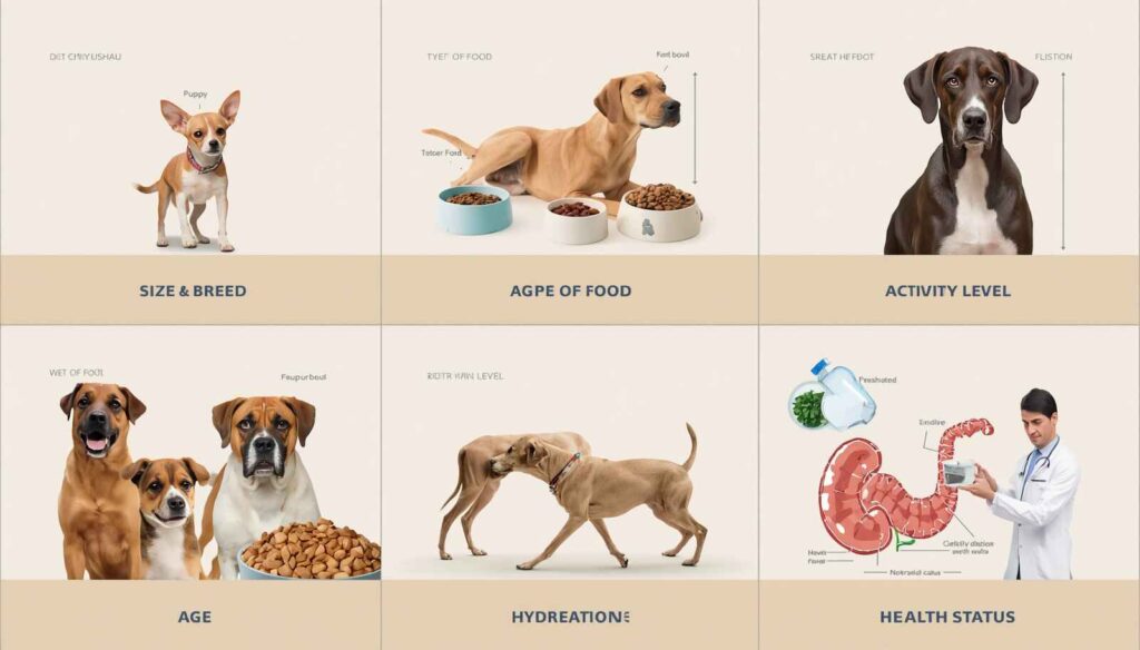 Educational infographic showing breed size food type age activity hydration and health affecting digestion