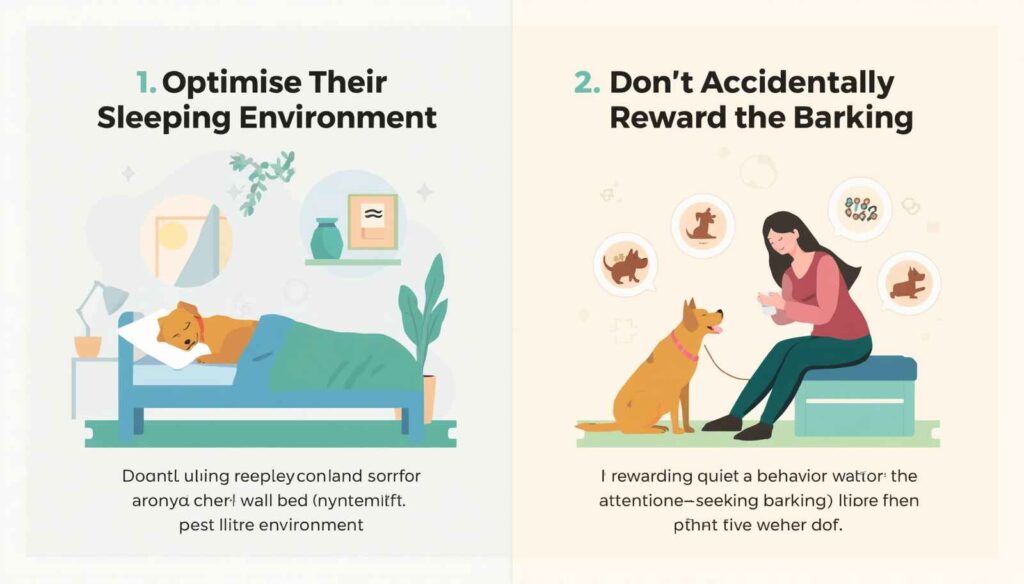 Infographic showing a comfortable dog sleeping area and positive reinforcement training techniques