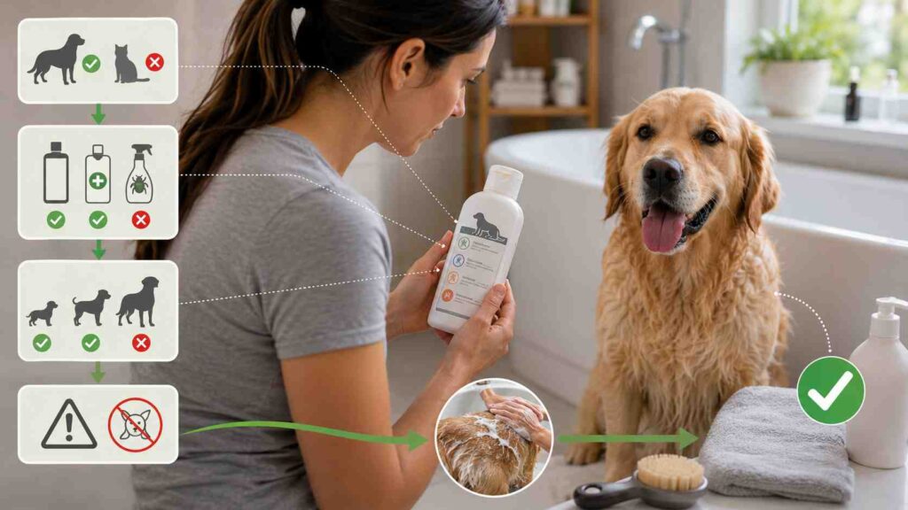 Dog owner checking a pet shampoo bottle for species, product type, age limits, and safety warnings before use.