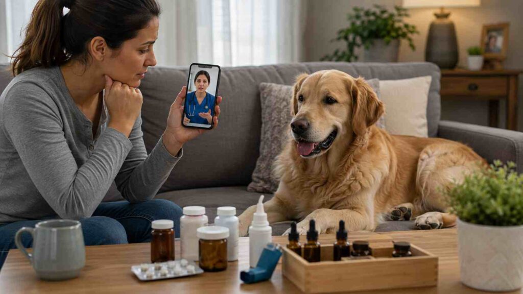 Dog owner contacting a veterinarian before using human medicines or home remedies for dog snoring.