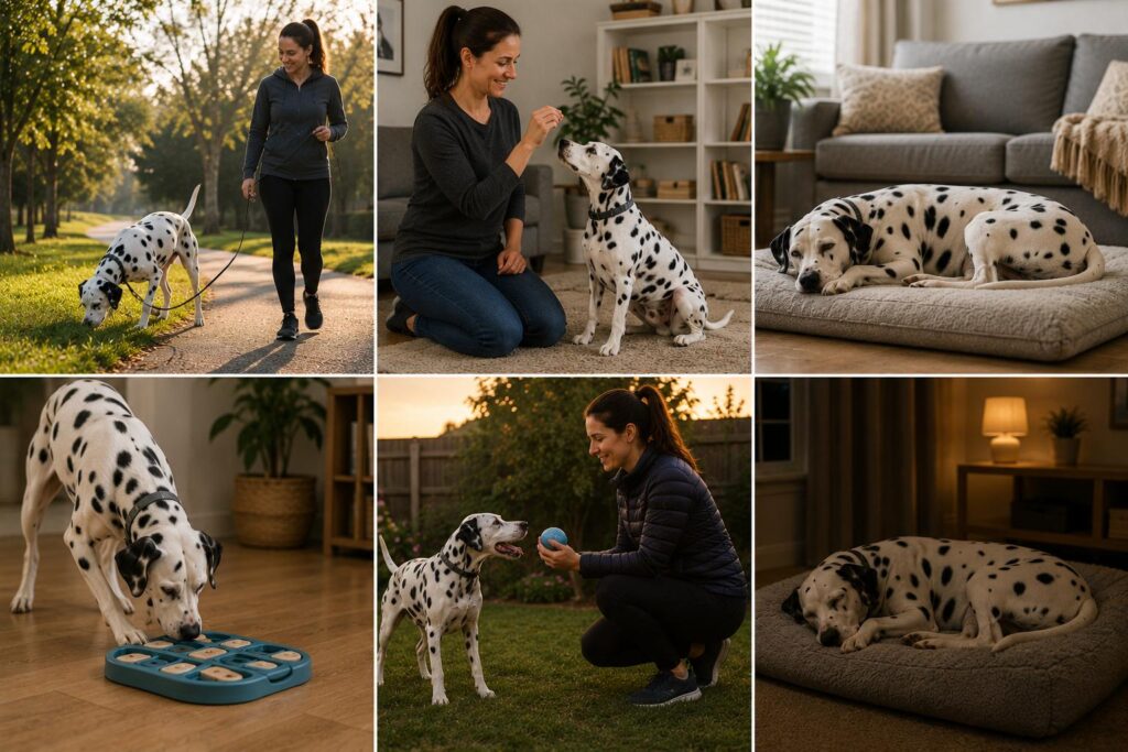 Adult Dalmatian walking, training, using enrichment, and relaxing during a balanced daily routine