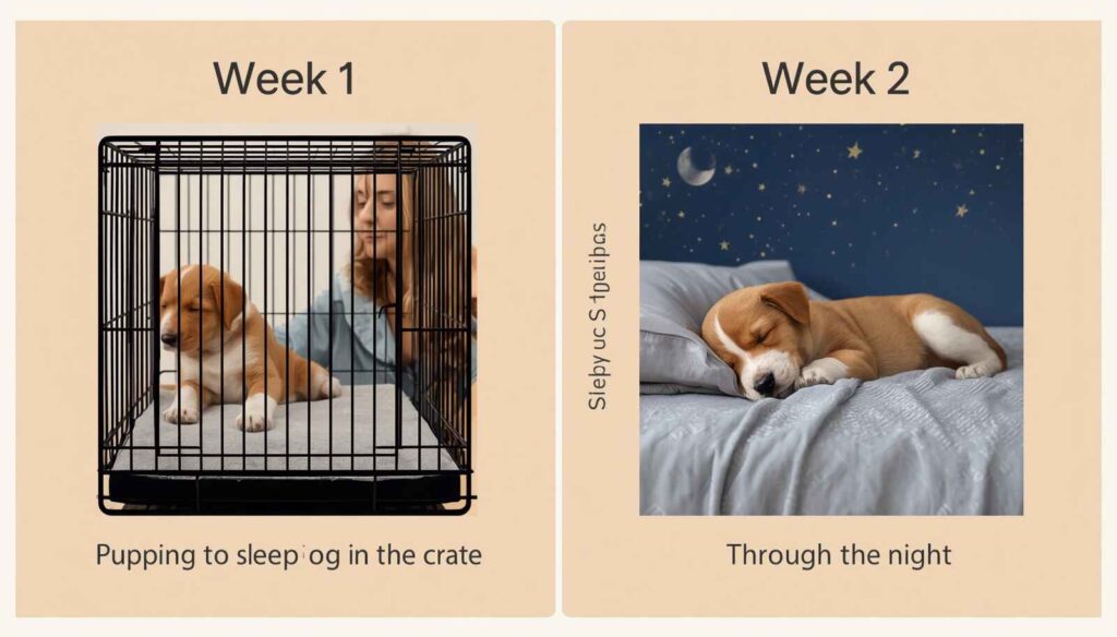 Two-week puppy crate training schedule showing progress from week one to week two