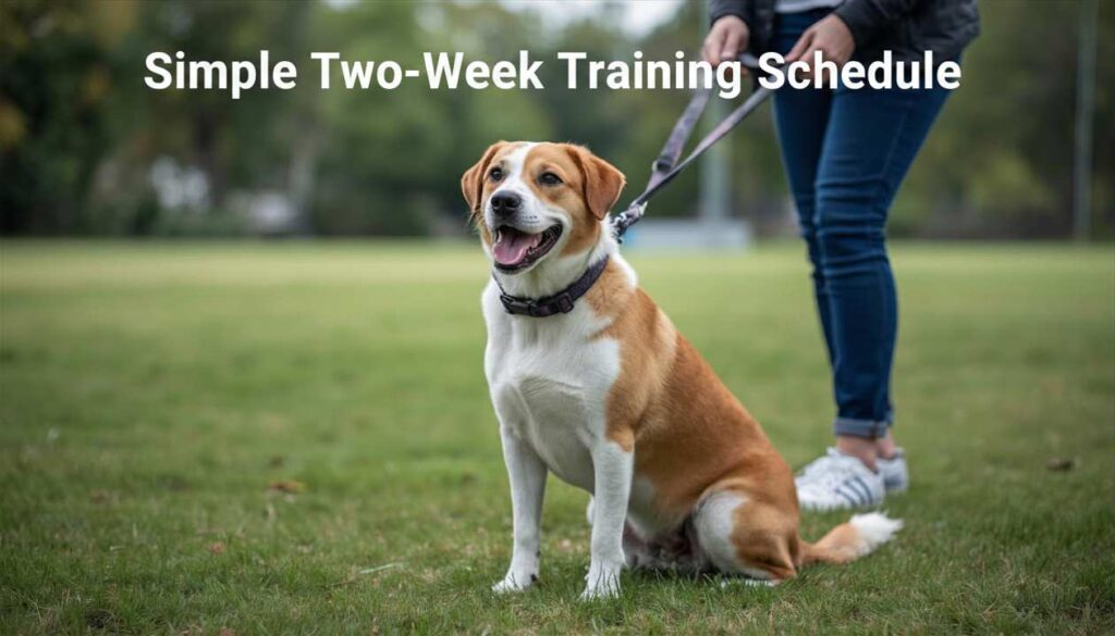 Two-week leash training plan showing daily practice sessions and gradual improvement