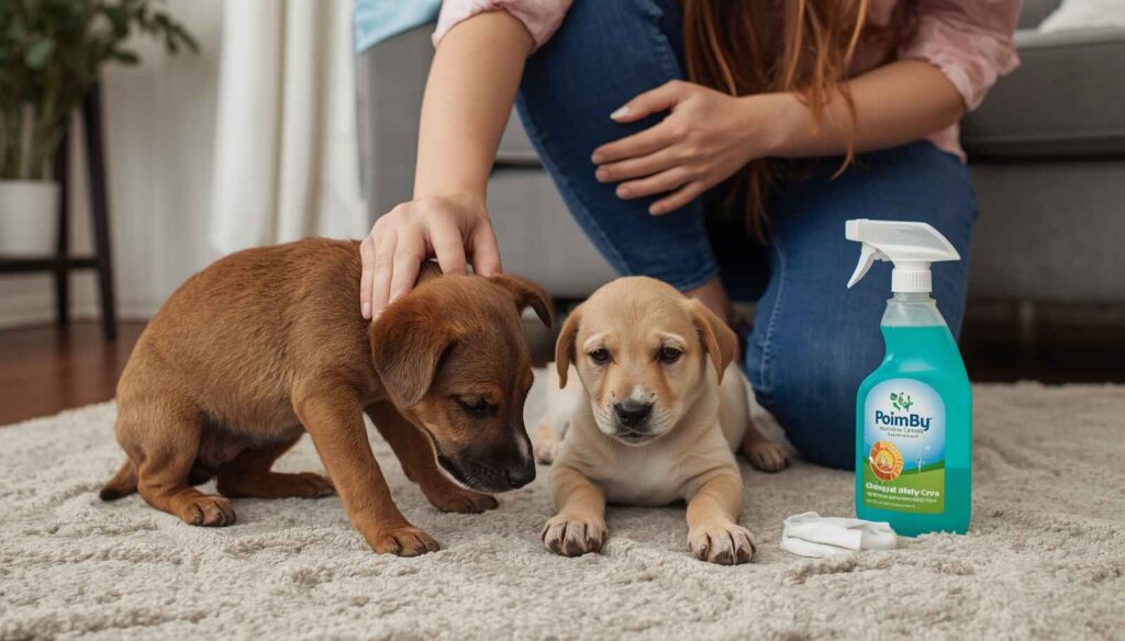 Dog owner cleaning a puppy accident with pet-safe cleaning products inside the home