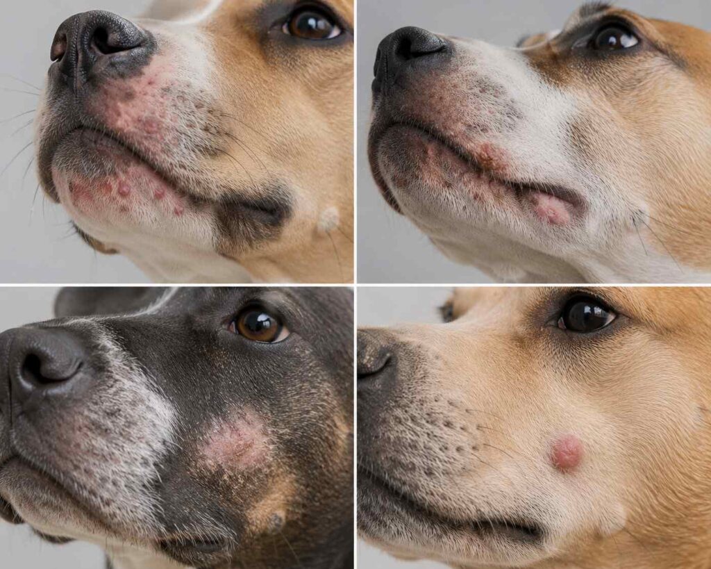 Can dogs get pimples? Different acne-like patterns can include clustered chin bumps, crusting, hair loss, or a solitary skin lump.