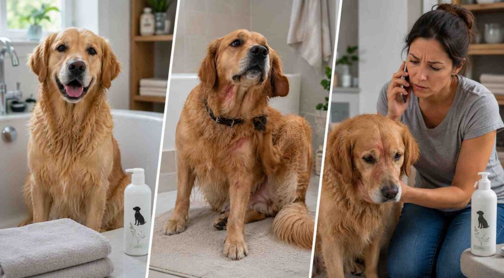 Dog showing normal, mildly irritated, and concerning reactions after being washed with the wrong pet shampoo.