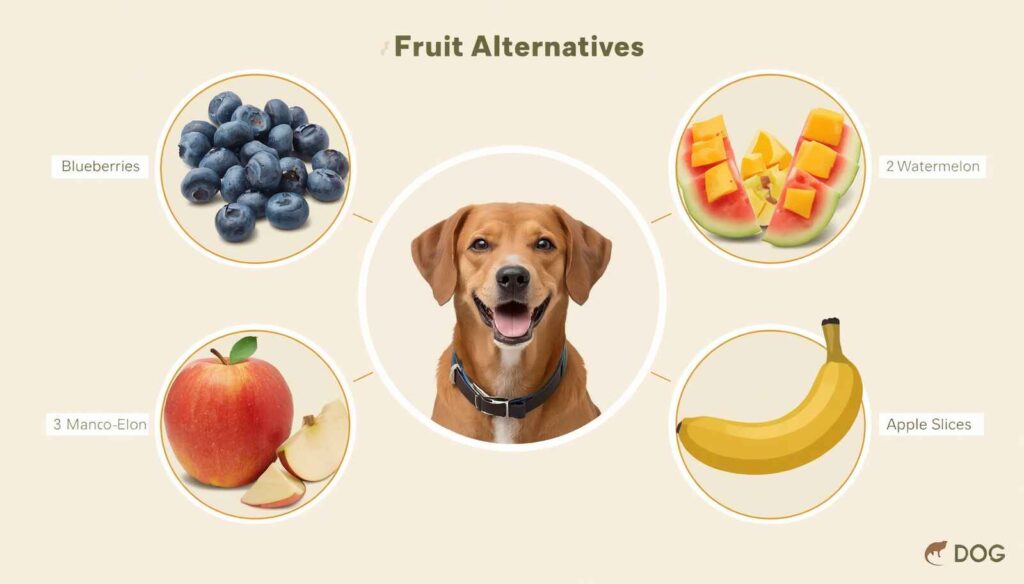 Dog-friendly fruits including blueberries watermelon mango apple slices and banana