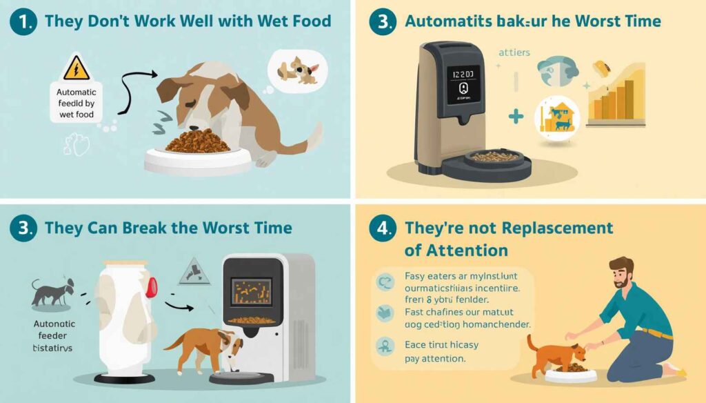 Educational infographic showing common risks of automatic dog feeders including malfunctions and feeding limitations