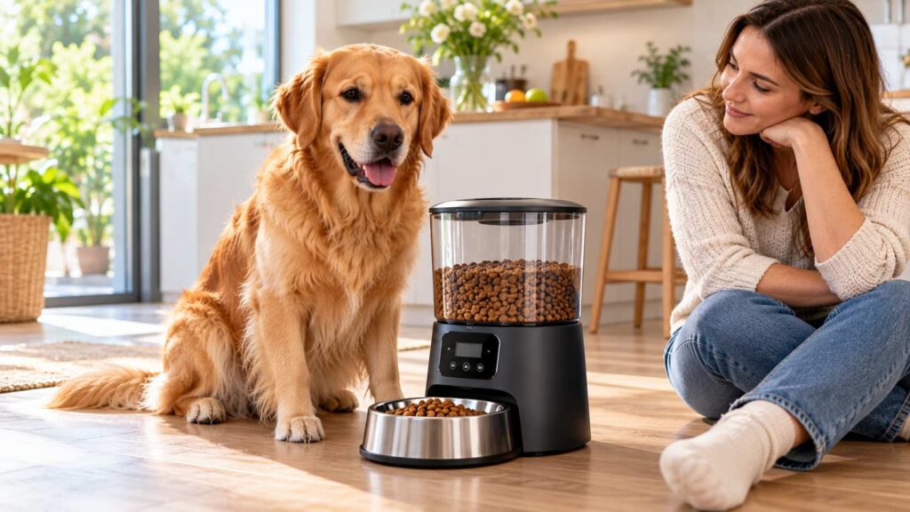Golden Retriever sitting beside an automatic dog feeder in a modern home kitchen.