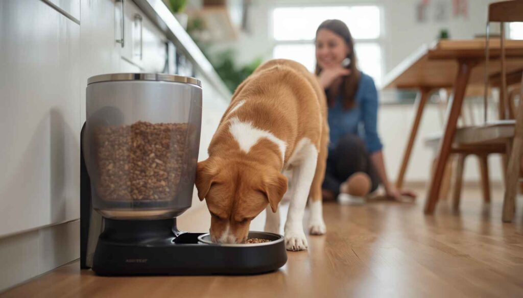 Dog eating from an automatic feeder while owner observes in a modern home