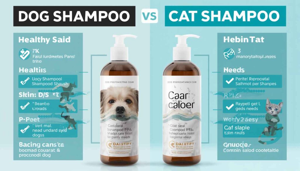 Educational comparison of dog shampoo and cat shampoo showing differences in ingredients and skin care needs