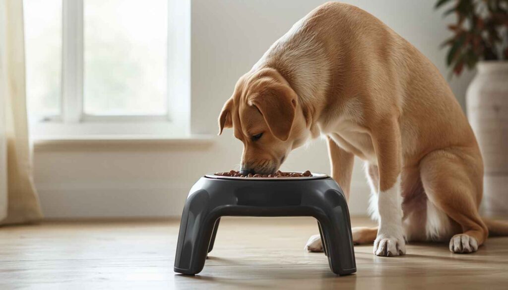 Healthy dog comfortably eating from an elevated feeding bowl in a home environment