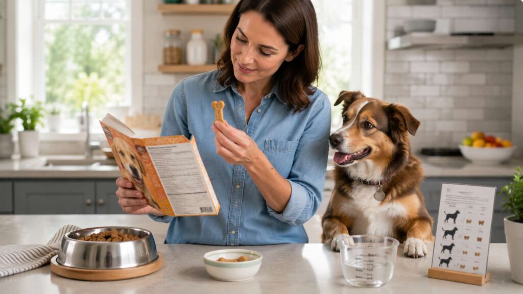 Healthy dog sitting beside its owner while a correctly sized Milk-Bone treat is checked before feeding.