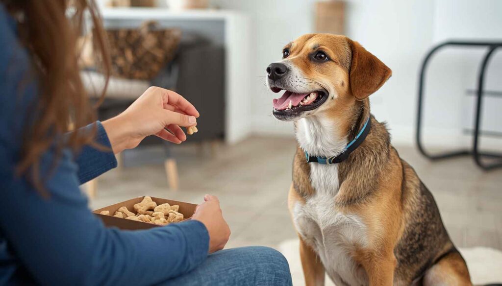 Healthy dog receiving a Milk-Bone dog treat from its owner during a training session