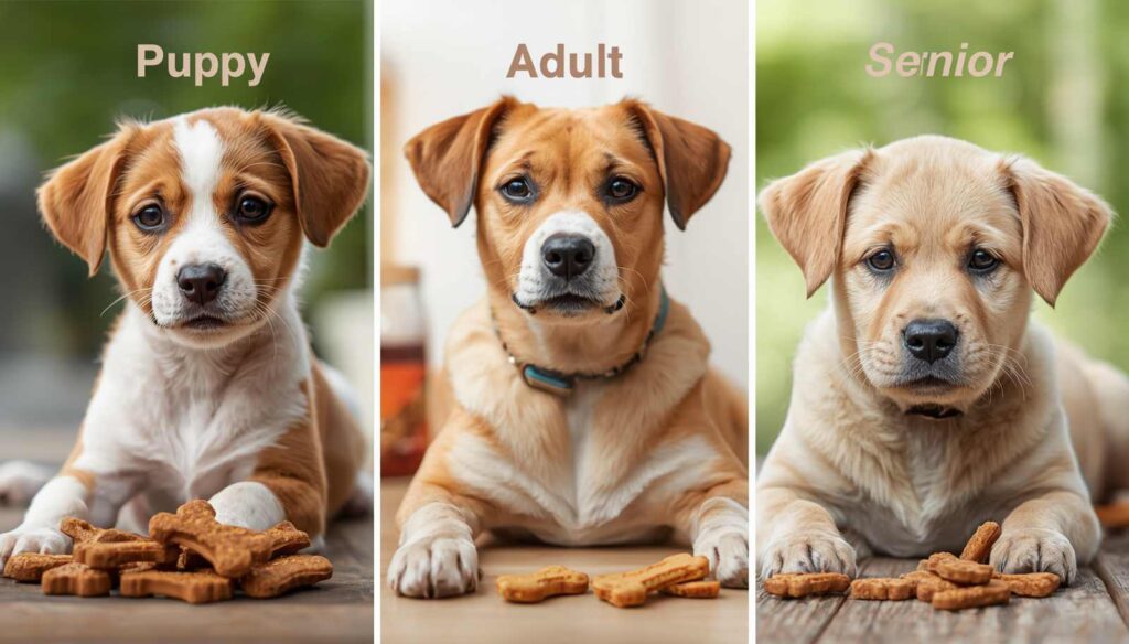 Puppy adult dog and senior dog with dog treats displayed beside them