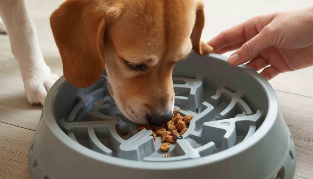 Healthy dog eating from a slow feeder bowl while its owner watches nearby