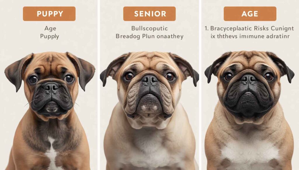 Puppy senior dog and brachycephalic breed dog illustrating higher risk factors for throat problems