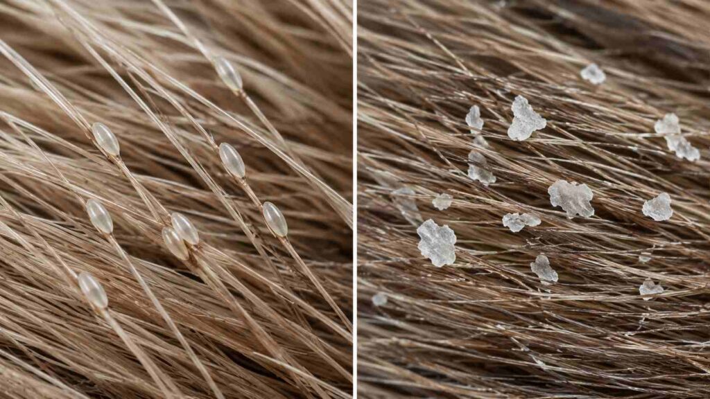 Close-up comparison of canine lice eggs attached to dog hairs and loose dandruff flakes in the coat.