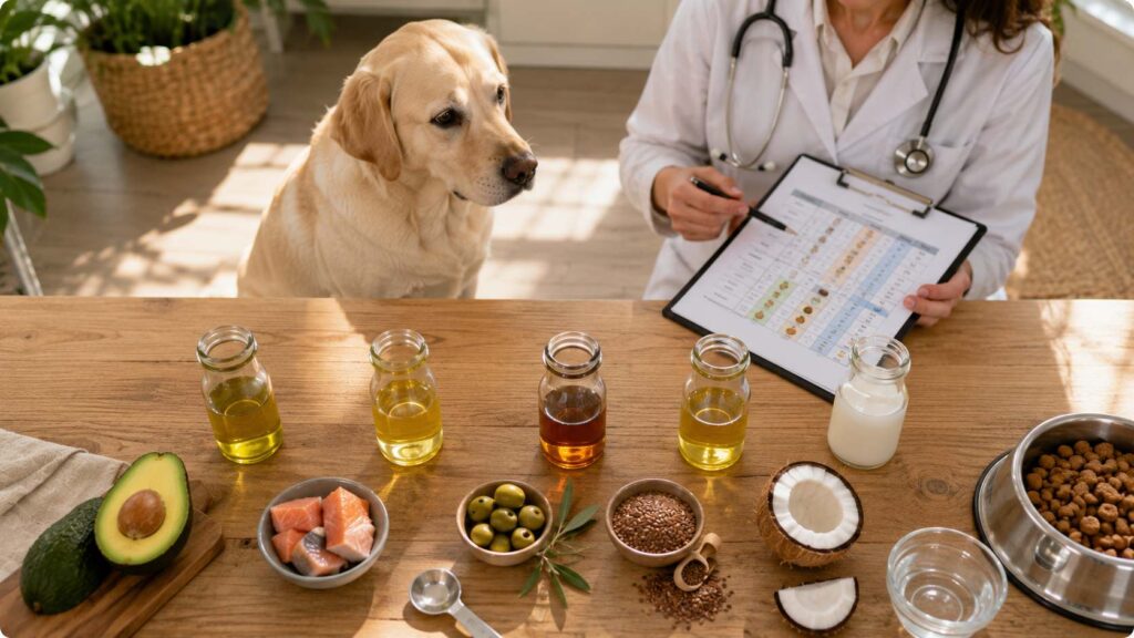 Veterinary comparison of avocado oil, fish oil, olive oil, flaxseed oil, and coconut oil for canine nutrition.