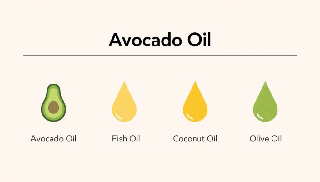 Comparison infographic showing avocado oil fish oil coconut oil and olive oil for dogs