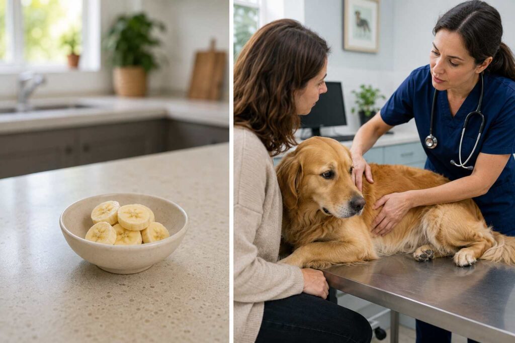 Veterinarian examining a dog with digestive symptoms instead of relying on banana as a home remedy