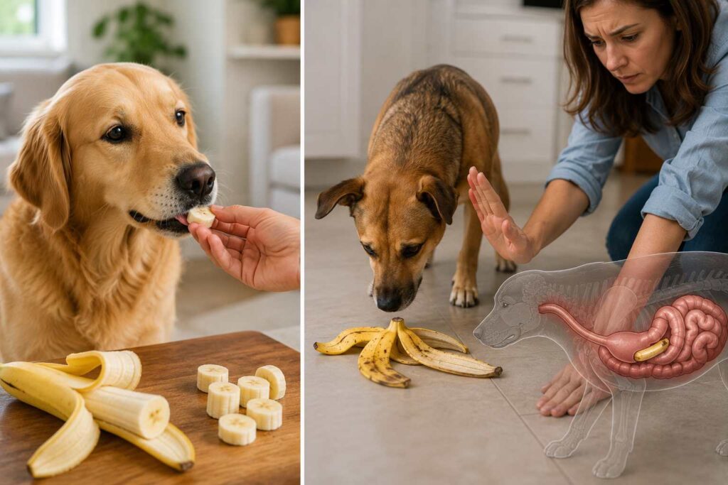 Dog offered peeled banana while the banana peel is kept out of reach