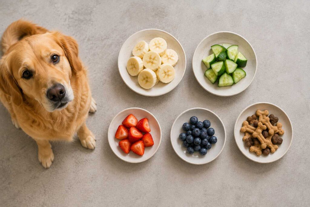 Can dogs eat bananas compared with cucumber, strawberries, blueberries, and dog treats