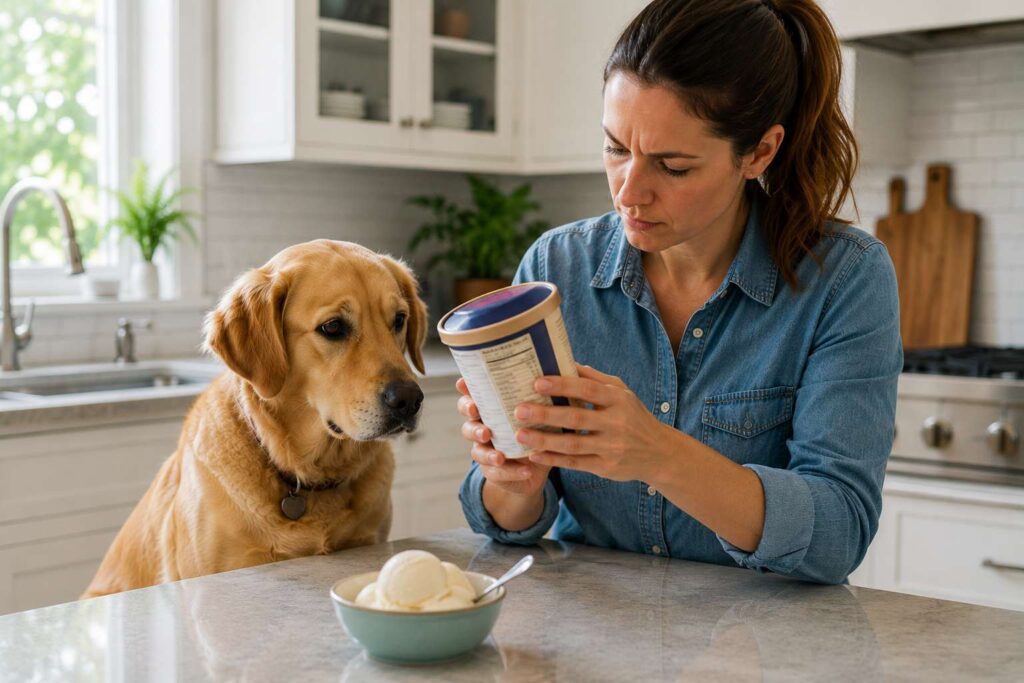 Dog owner checking the ingredient label on an ice cream container while their dog waits nearby.