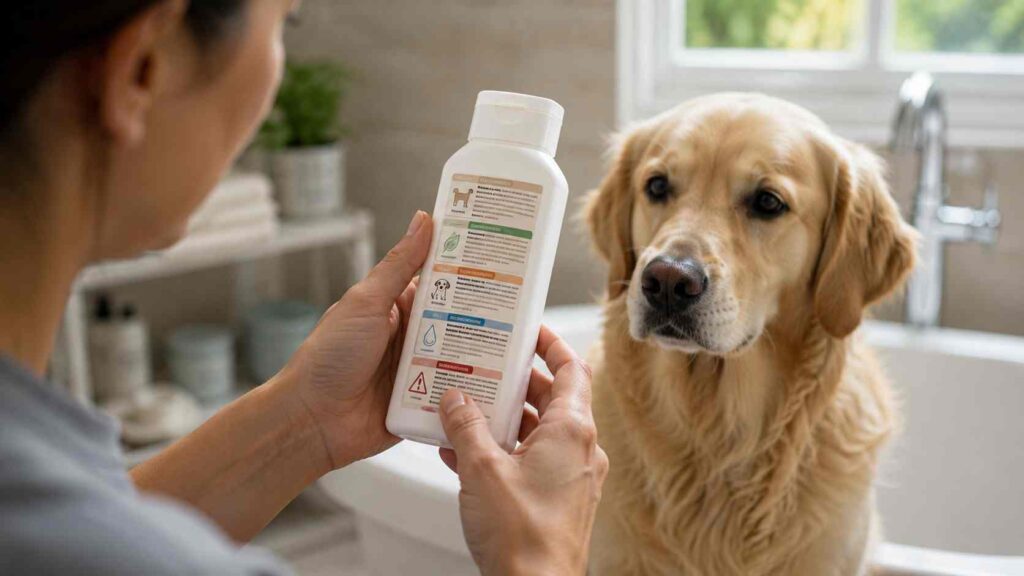 Can you use cat shampoo on your dog? Owner checks the shampoo label for species, ingredients, and safety directions.